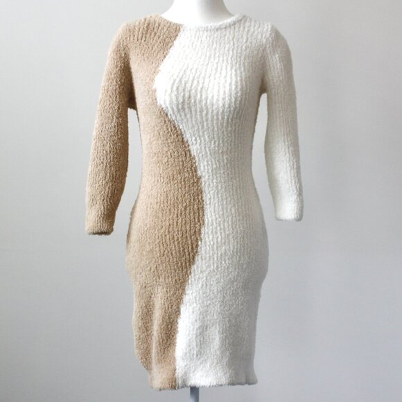Generation K White and Tan Midi Long-Sleeve Fuzzy Cozy Sweater Dress Small - Picture 1 of 7